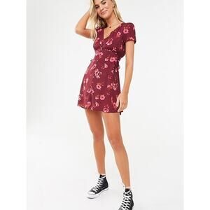 FOREVER 21 Women's Burgundy Floral Button-Down A-line Dress Sz S